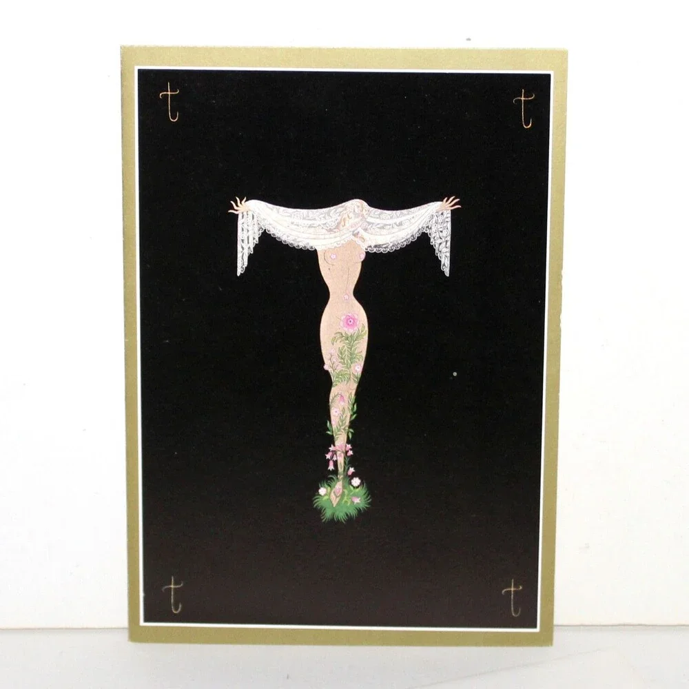 Erte Greeting Card Letter T Vintage blank black gold art vintage
